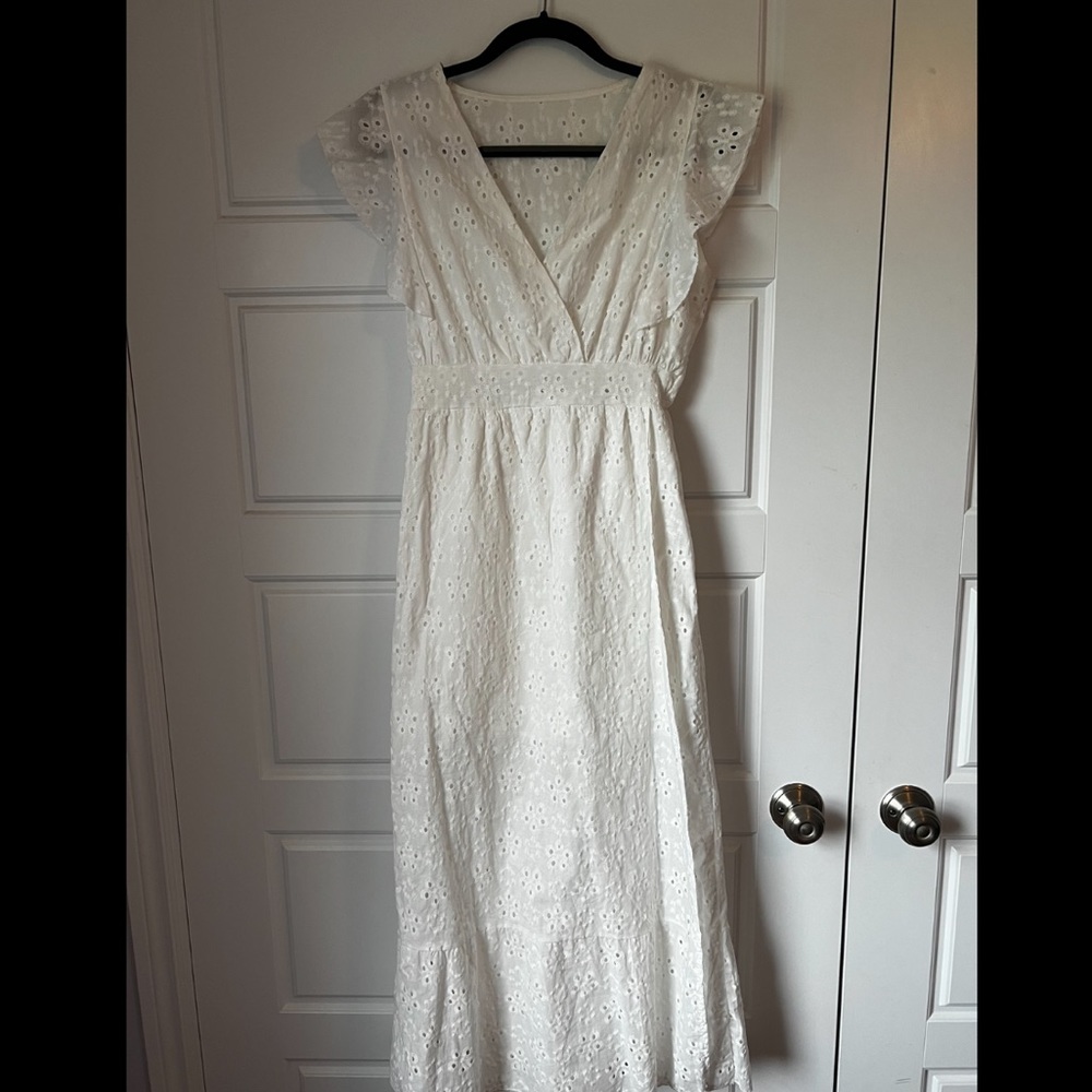 Poa Studio Eyelet White Wrap Front Midi Dress